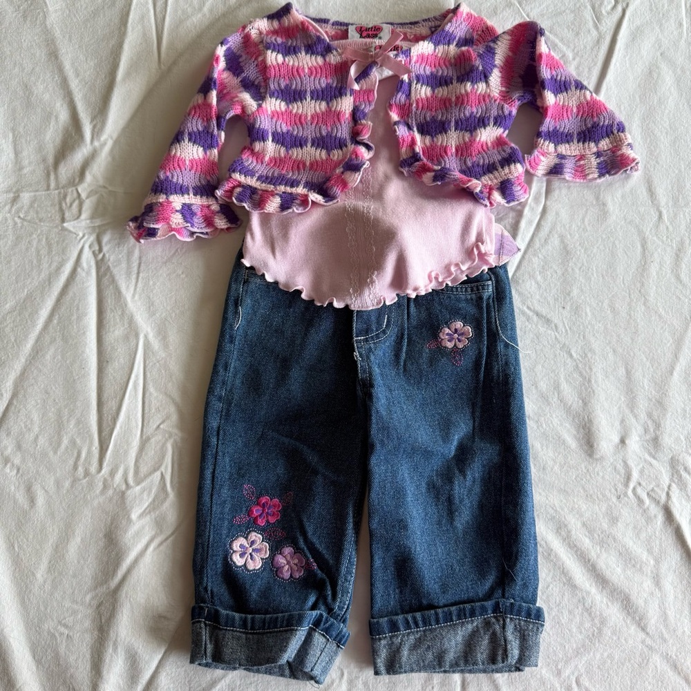 Little Lass Pink & Purple 3 Pc Kids Matching Jeans Set Cami Cardigan Size 24 Mo